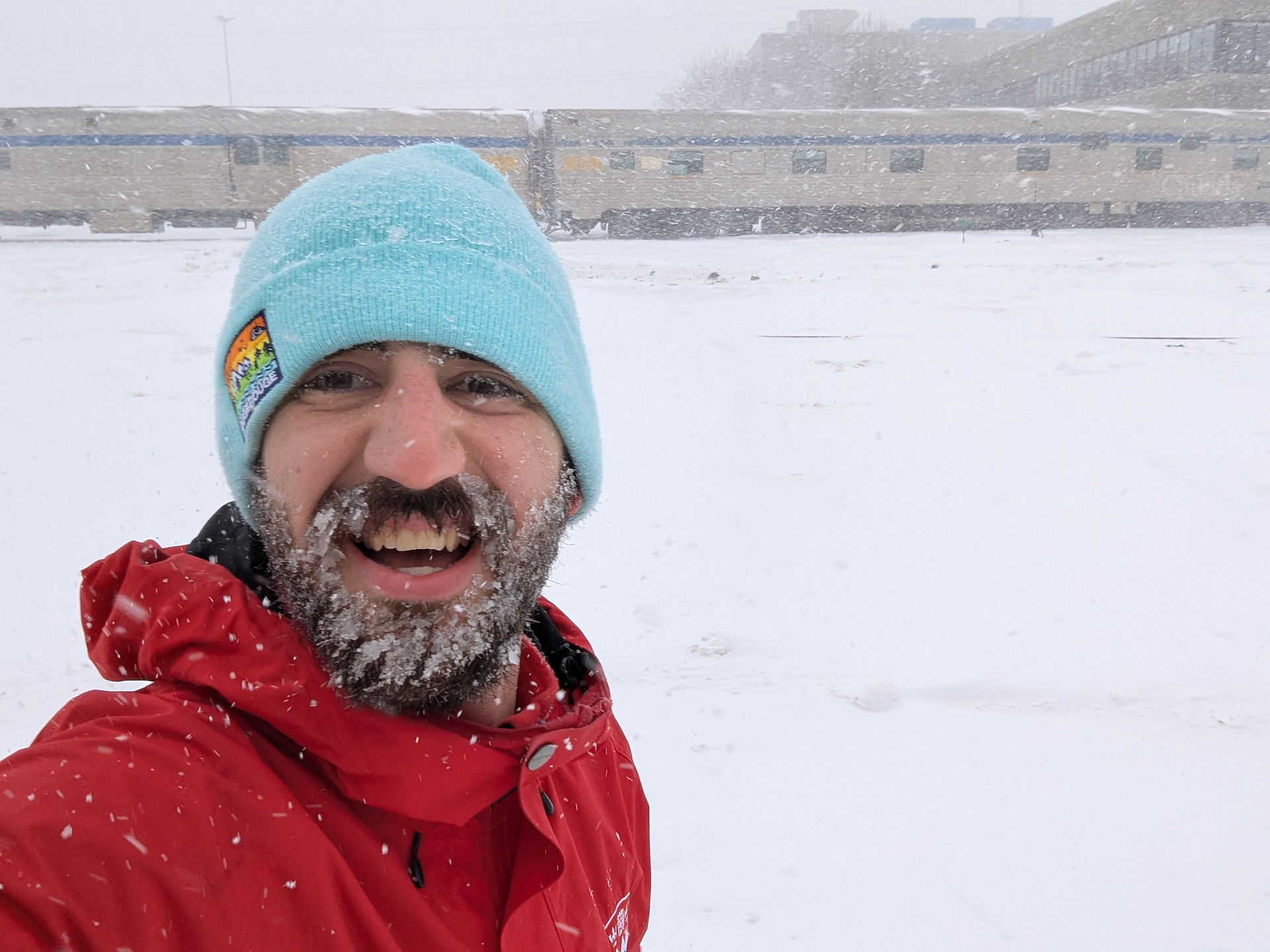 Running through a snowy railyard